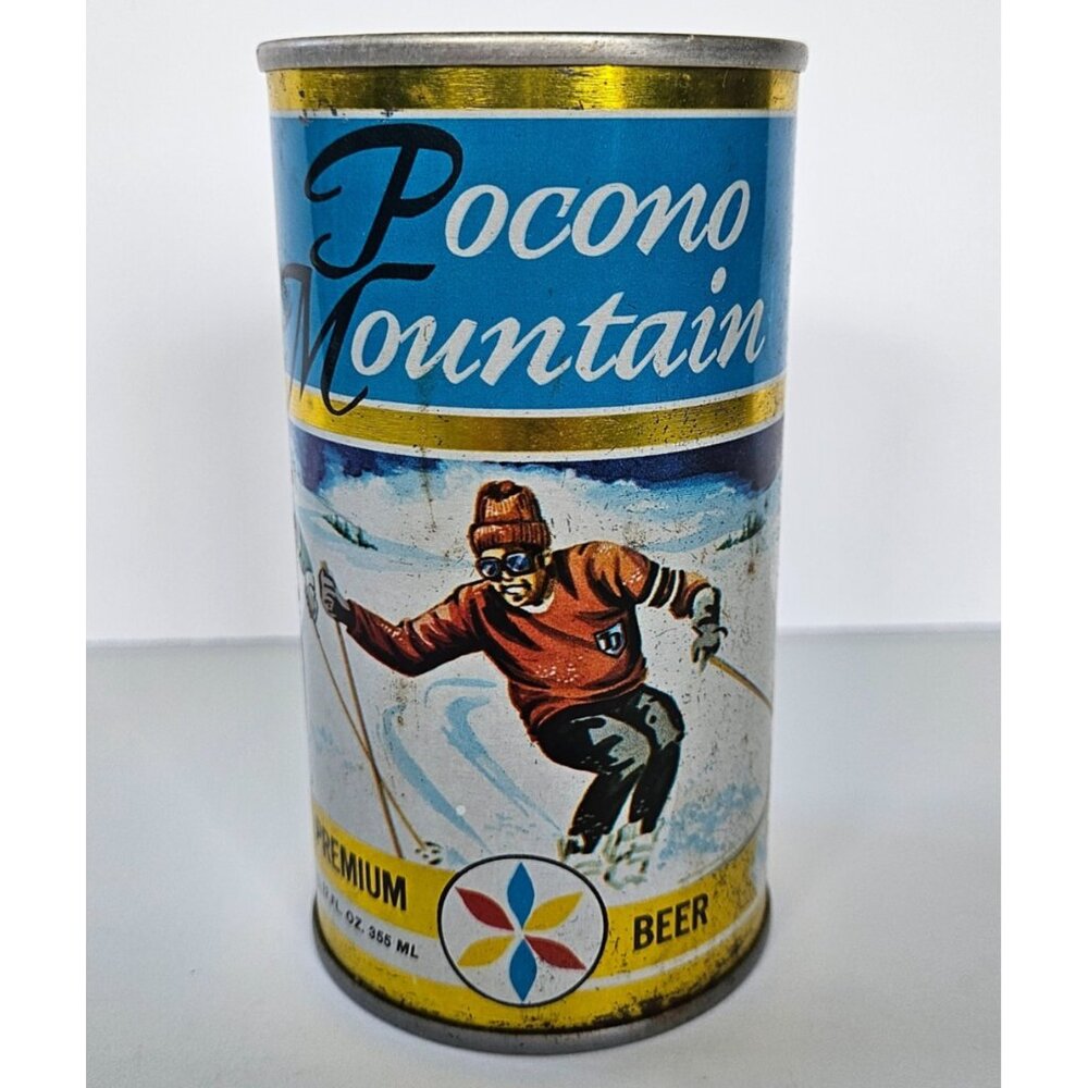 POCONO MOUNTAIN SNOW SKIING STRAIGHT STEEL PULL TAB BEER CAN Yuengling Haentiens